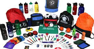 A large assortment of custom printed pronotional items